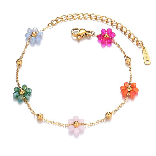 Daisy Flower Bracelet for Women 18K Gold Plated Stainless Steel Colorful Flowers Link Chain Bracelets Boho Beach Summer Jewelry