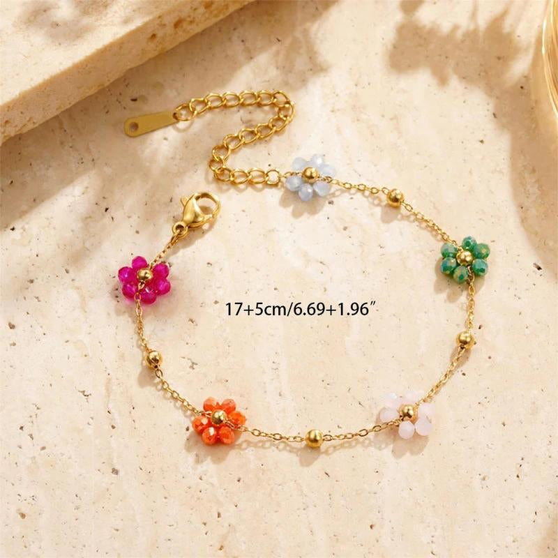 Daisy Flower Bracelet for Women 18K Gold Plated Stainless Steel Colorful Flowers Link Chain Bracelets Boho Beach Summer Jewelry