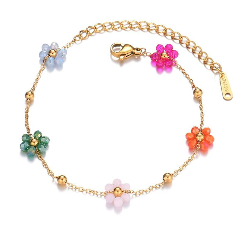 Daisy Flower Bracelet for Women 18K Gold Plated Stainless Steel Colorful Flowers Link Chain Bracelets Boho Beach Summer Jewelry