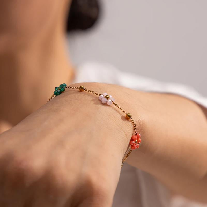 Daisy Flower Bracelet for Women 18K Gold Plated Stainless Steel Colorful Flowers Link Chain Bracelets Boho Beach Summer Jewelry