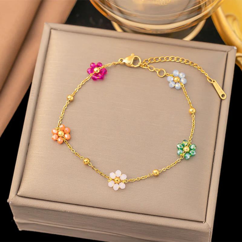 Daisy Flower Bracelet for Women 18K Gold Plated Stainless Steel Colorful Flowers Link Chain Bracelets Boho Beach Summer Jewelry
