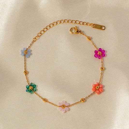 Daisy Flower Bracelet for Women 18K Gold Plated Stainless Steel Colorful Flowers Link Chain Bracelets Boho Beach Summer Jewelry